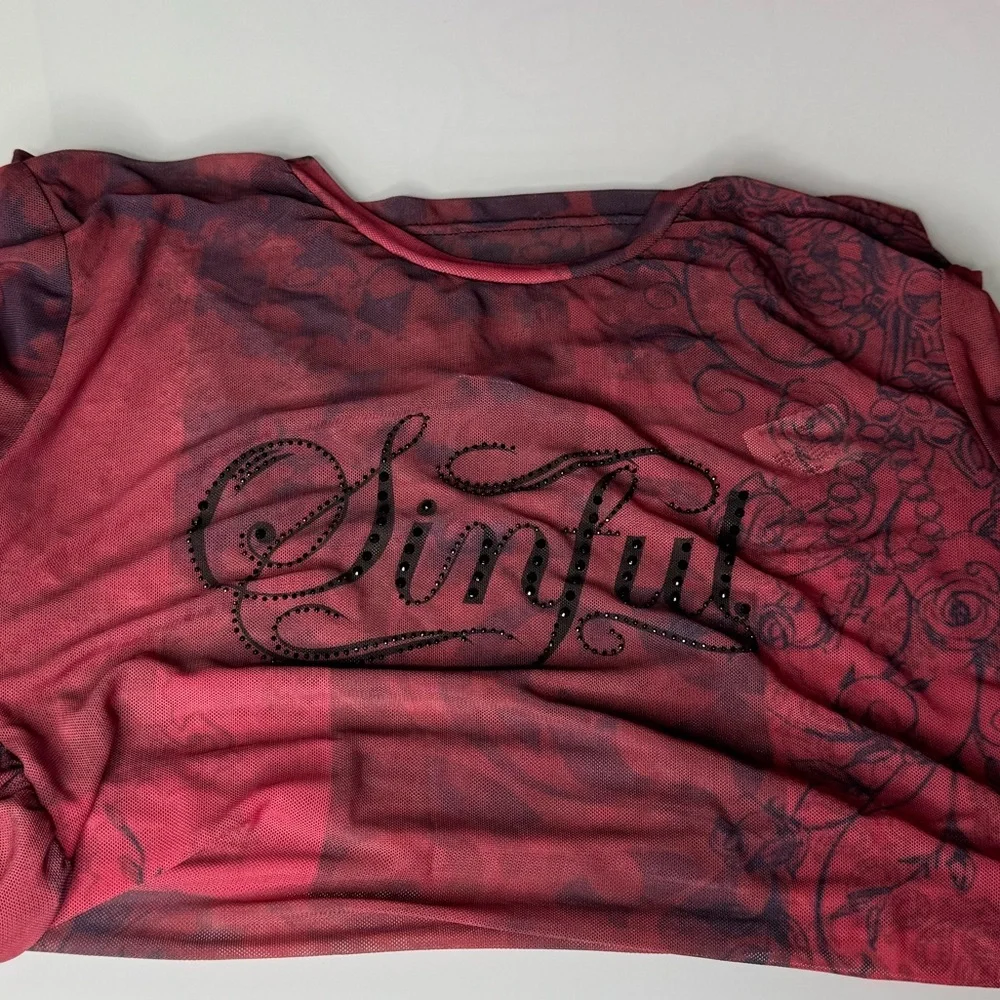 Sinful By Affliction Sheer Short Sleeve T-Shirt - Red / Black - Large / XL -NWT - Picture 8 of 9